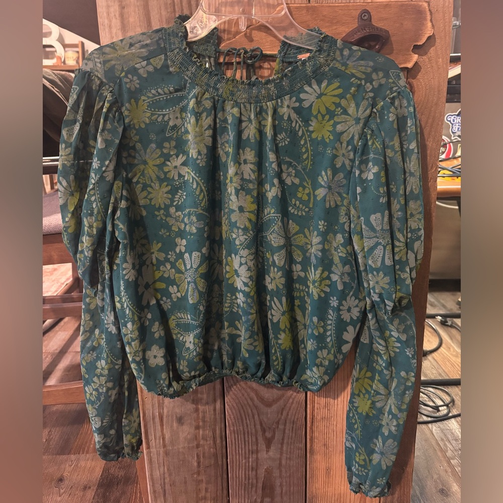 Free People Teal Floral Smocked-Neck Long Sleeve Blouse